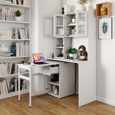 Spacious Computer Desk With 90-Degree Rotating Desktop, Glass Door Cabinets, And Ample Storage For Home Or Office Use