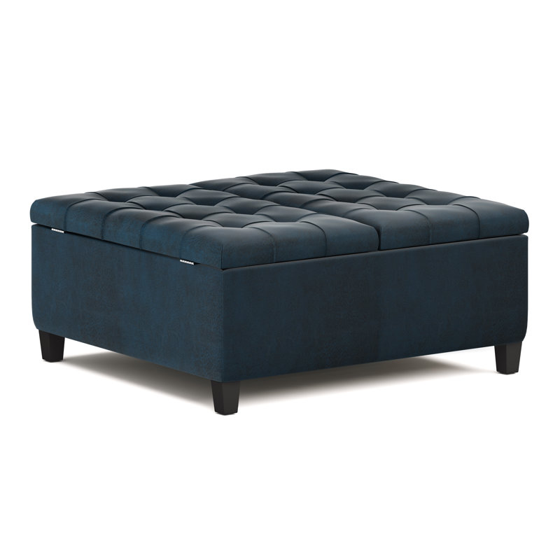 Distressed Dark Blue Tufted Faux Leather Cocktail Ottoman