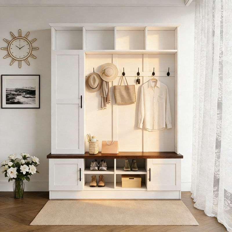 Versatile 3-In-1 Hall Tree With 6 Hooks, Farmhouse Walnut Storage Bench, 55"W Entryway Coat Rack With Multiple Storage Space For Mudroom, Hallway