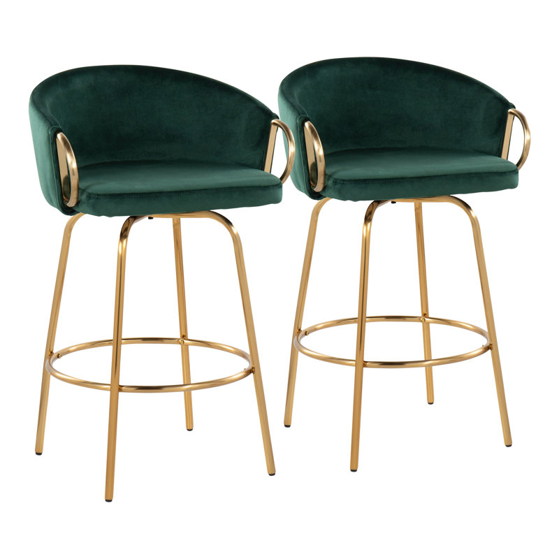 Josie 26" Fixed-Height Velvet Counter Stools with Gold Metal Legs & Round Footrest, Green