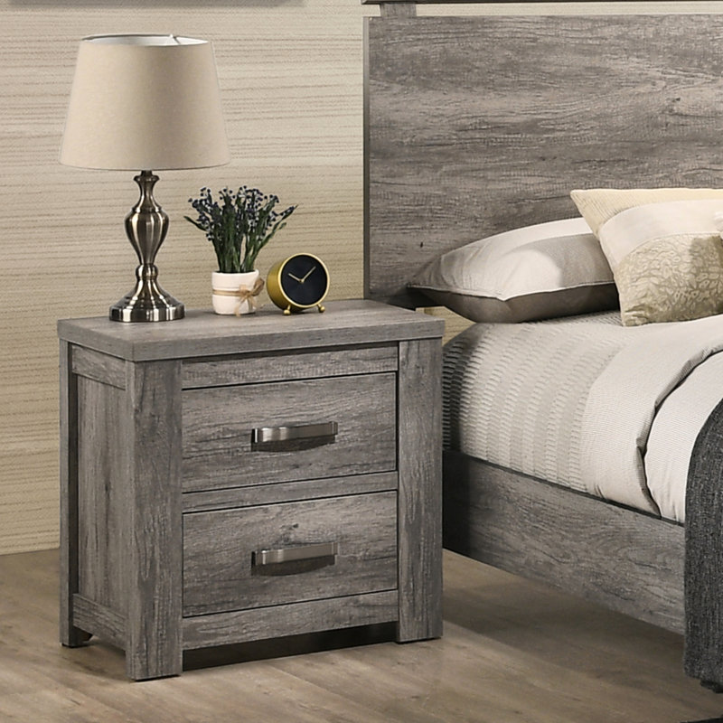 Élégante table de chevet en bois gris vieilli avec deux tiroirs pour deux chambres contemporaines dans une ambiance luxueuse
