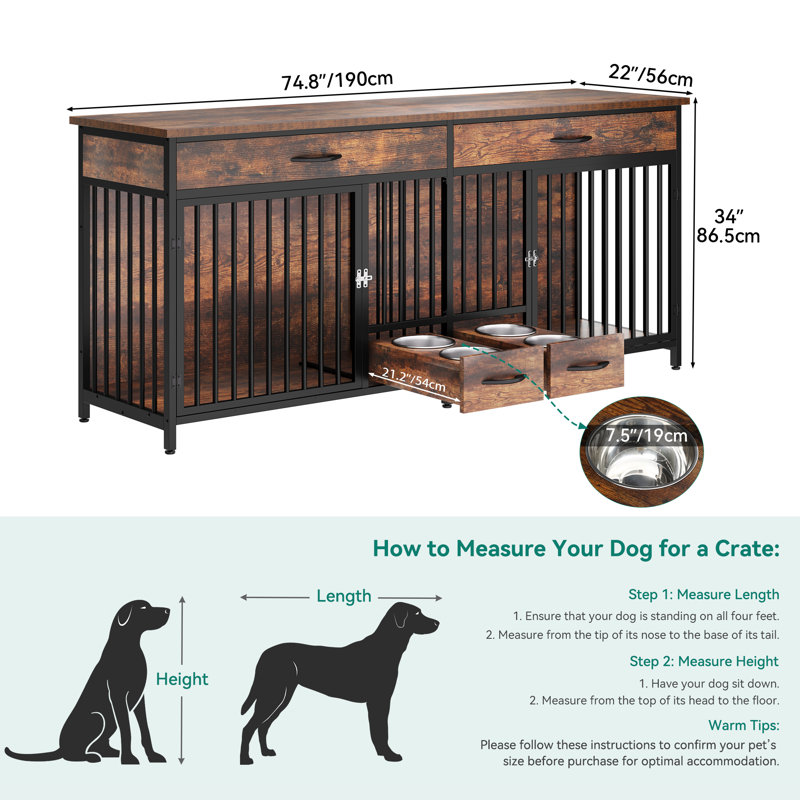 Meuble double en bois pour chien avec cage d'alimentation de 75 po de largeur, Brun rustique / noir