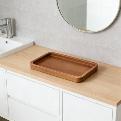 Acacia Wood Soap Dispenser Tray For Bathroom And Kitchen Countertop Organization, Decorative Vanity Tray For Perfume, Jewelry, And Essentials With Raised Edges