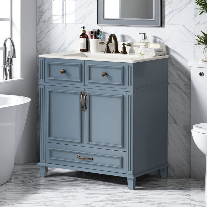 Meuble-lavabo de salle de bain avec lavabo en céramique - Structure en bois massif, portes à fermeture en douceur, assemblage facile?