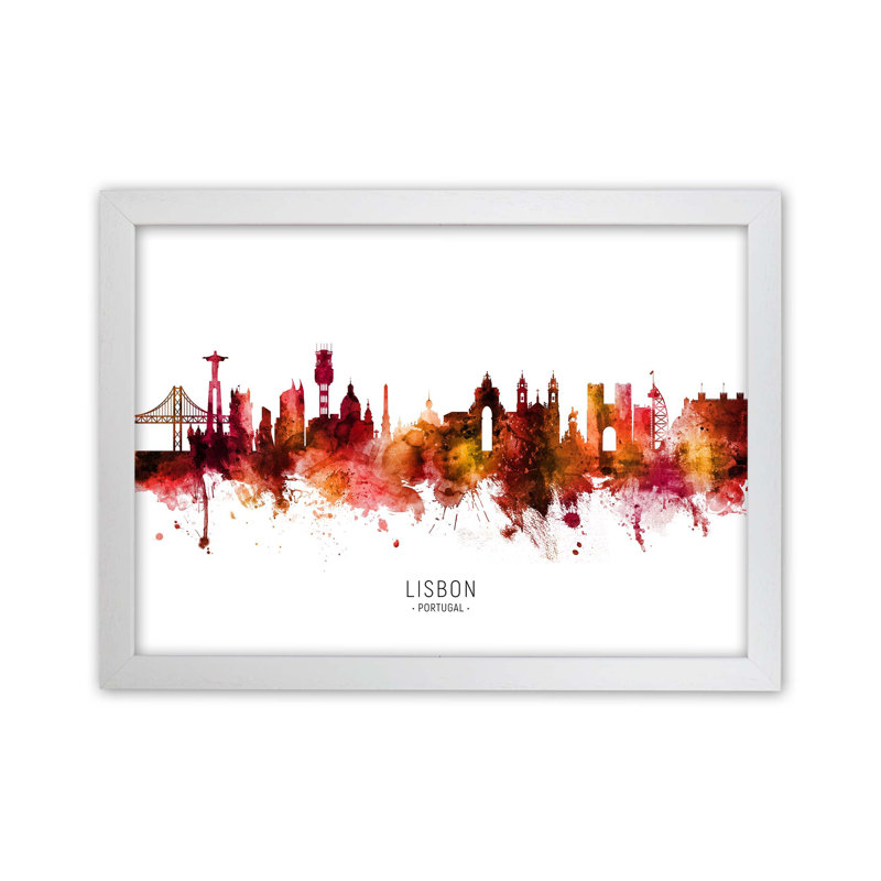 Lisbon Portugal Skyline Red City Name by Michael Tompsett - Print, White Framed, 59.4cm H x 84.1cm W x 3cm D