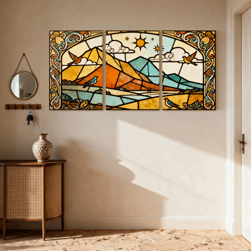 Ensemble de 3 reproductions d'art sur toile avec vitrail paysage avec oiseaux et montagnes, H 18 po x l 36 po