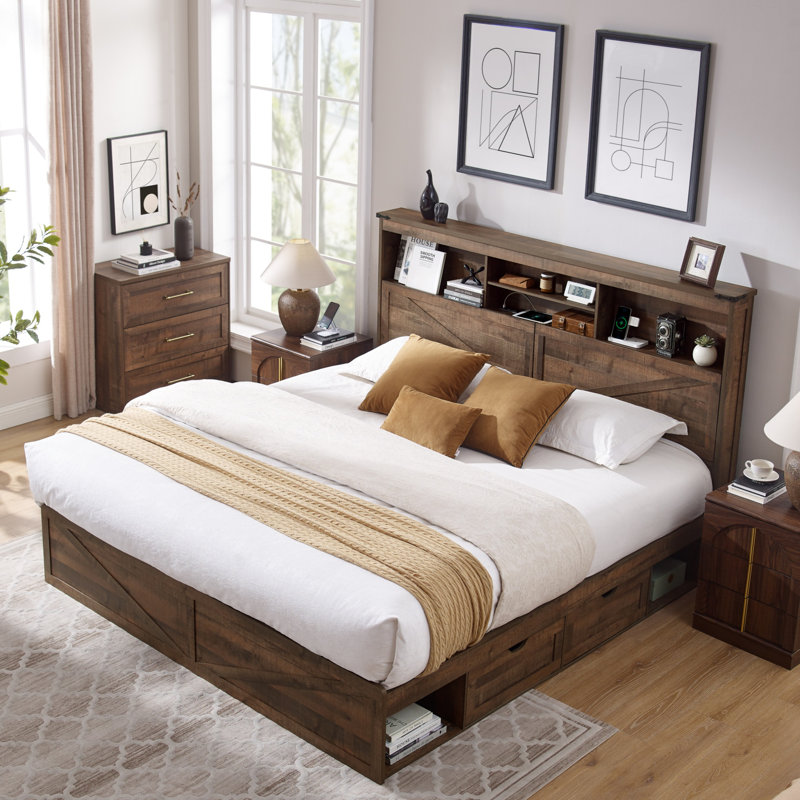 Farmhouse King Size Bed Frame With Led Light And Charging Station,Wooden Bed Frame With 52" High Storage Bookcase Headboard And 4 Drawers