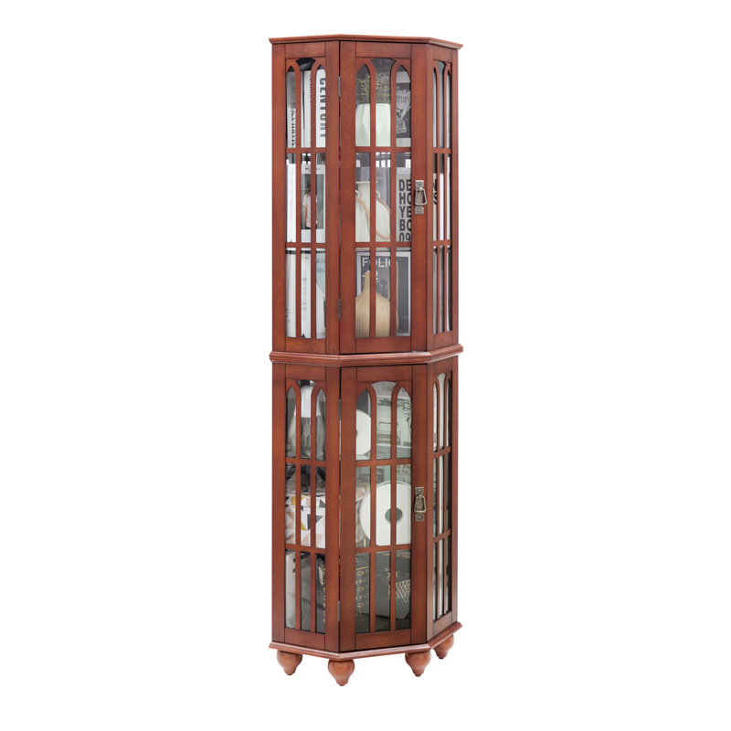 And Glass Corner Curio Cabinet With 4 Adjustable Shelves Lighting, Solid Wood Legs Legs, Walnut Finish, Walnut