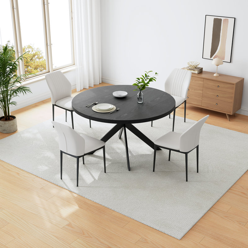 5-Piece Set Oak Round Dining Table, Dining Table Set, With 4 Modern Chairs, White