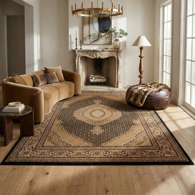 Tapis d'intérieur / noir à motif de médaillon persan noir / beige 7 pi x 9 pi (6 pi 6 po x 9 pi 4 po) Branch Living Faris