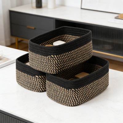Ensemble de 3 paniers de rangement en coton tissé, paniers de rangement faits à la main pour placard, tablette, bureau et chambre de bébé, paniers rectangulaires décoratifs pour l'organisation à la maison