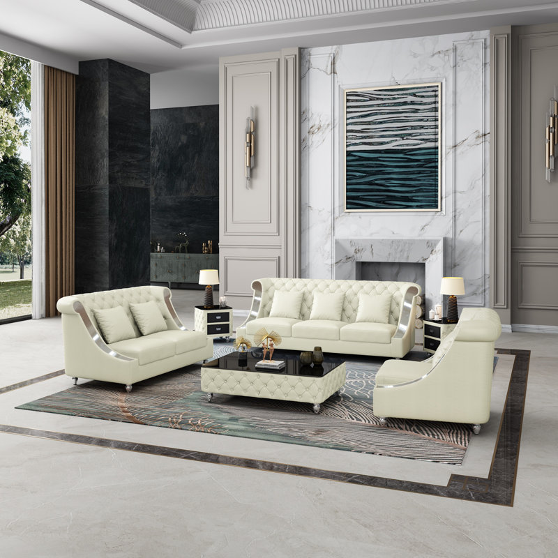 Ensemble de salon en cuir 3 pièces Mayfair, Blanc cassé
