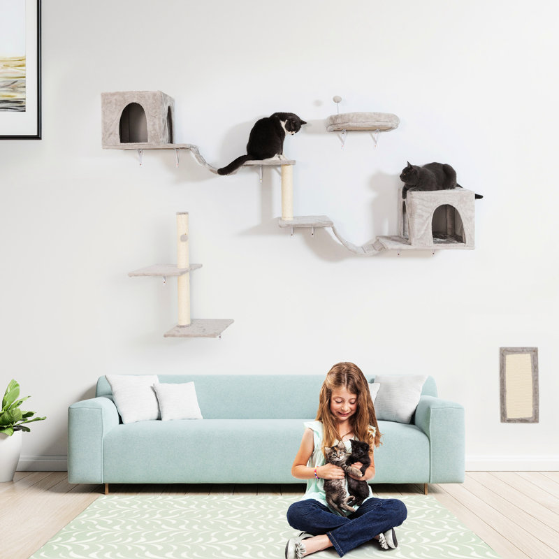 Meuble pour chat fixé au mur avec 2 condos, 3 tablettes, échelles, 1 perchoir et arbre à griffes confortable, matériau à haute densité