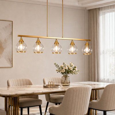 5-Light 40.9" Linear Kitchen Pendant with Clear Glass, Adjustable Height Chandelier for Dining Room, Kitchen Island, Breakfast Bar