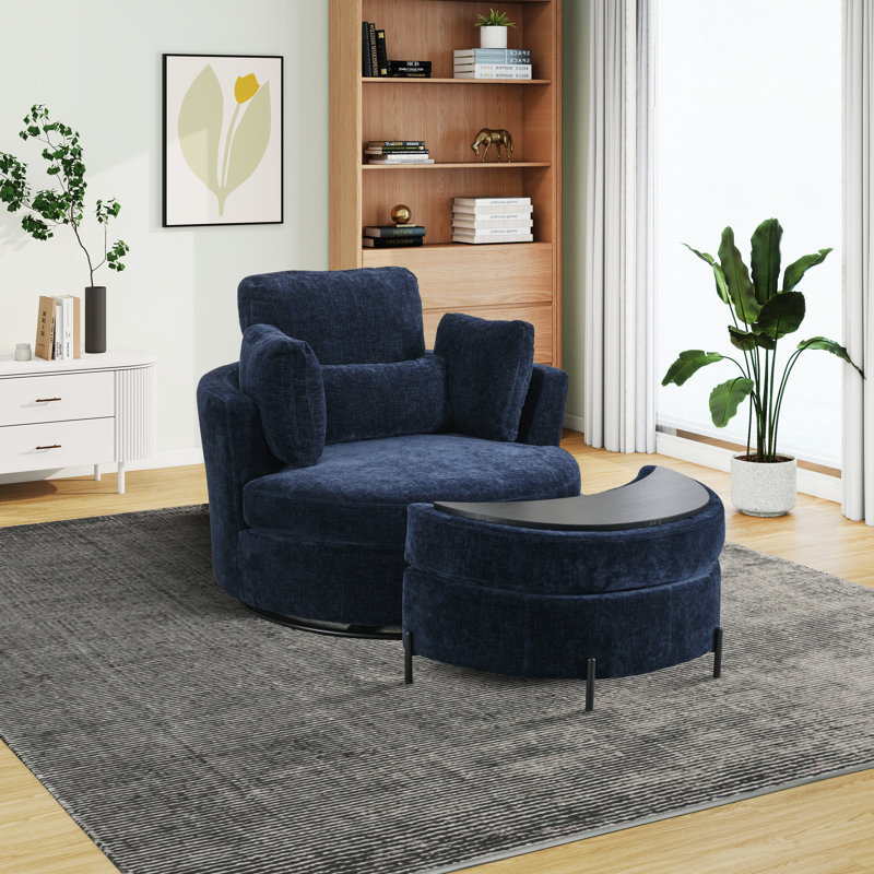 Achorn Upholstered Slipcovered Swivel Barrel Chair with Ottoman, Navy Chenille