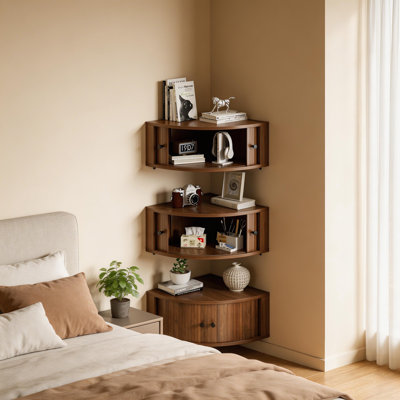 Corner Shelves Wall Cabinet Set Of 3, Curved Floating Corner Accent Cabinet With Sliding Doors