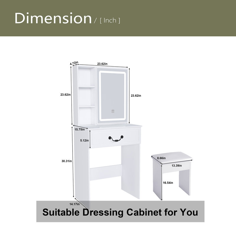 Mini coiffeuse moderne avec miroir éclairé à DEL et rangement dissimulé, tabouret rembourré inclus