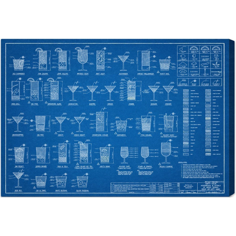 Drinks and Spirits Happy Hour Specs, bleu industriel - Impression sur toile, H 24 po x l 36 po, Toile tendue