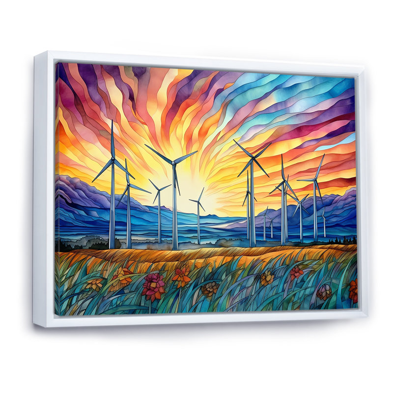 Éoliennes au lever du soleil, H 34 po x l 44 po x P 1,5 po, Cadre flottant blanc