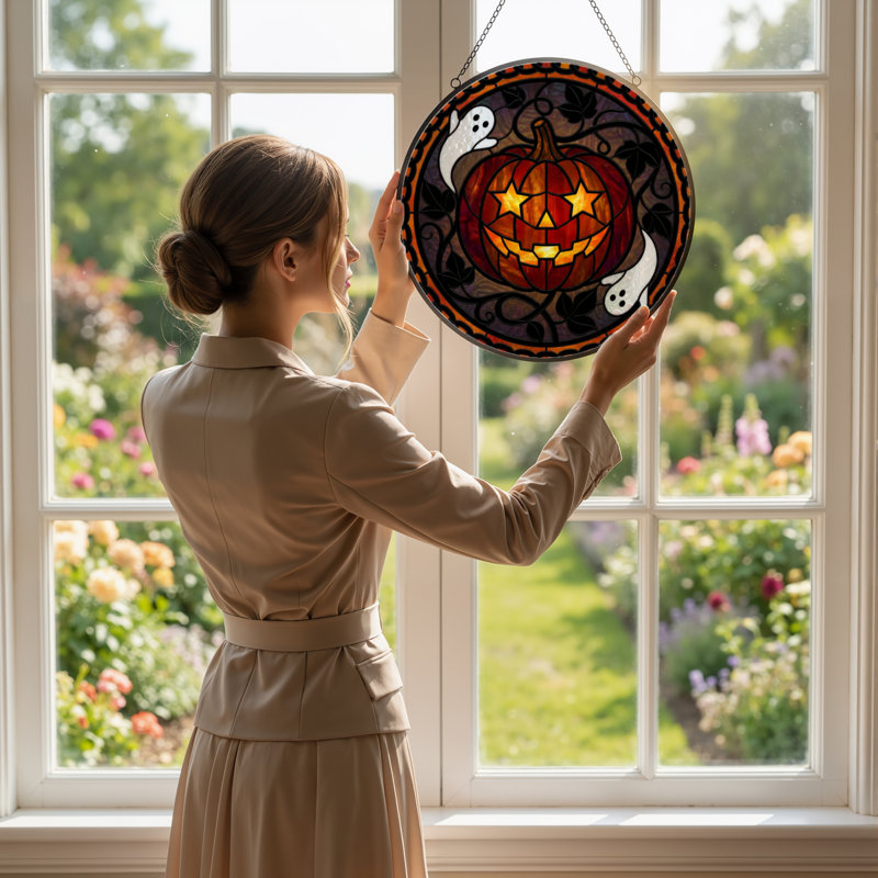 Panneau de vitrail en verre coloré 12 "H Pumpkin
