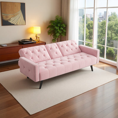 72" Velvet Upholstered Foldable Futon Sofa Bed with Nailhead Trim, 2 Cupholders and a Throw Pillow by Mercer41