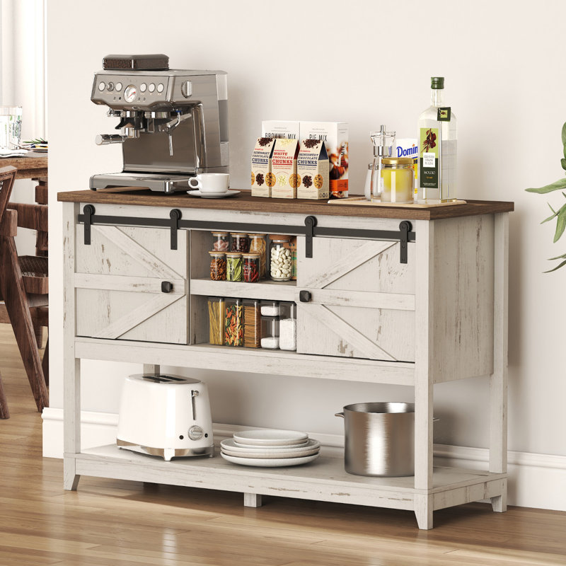 Farmhouse Entryway Table With Adjustable Shelf And Sliding Barn Doors, Hallway Table With Bottom Open Shelf, Behind Couch Table Console Table For Entrance, Living Room, Foyer, Rustic White