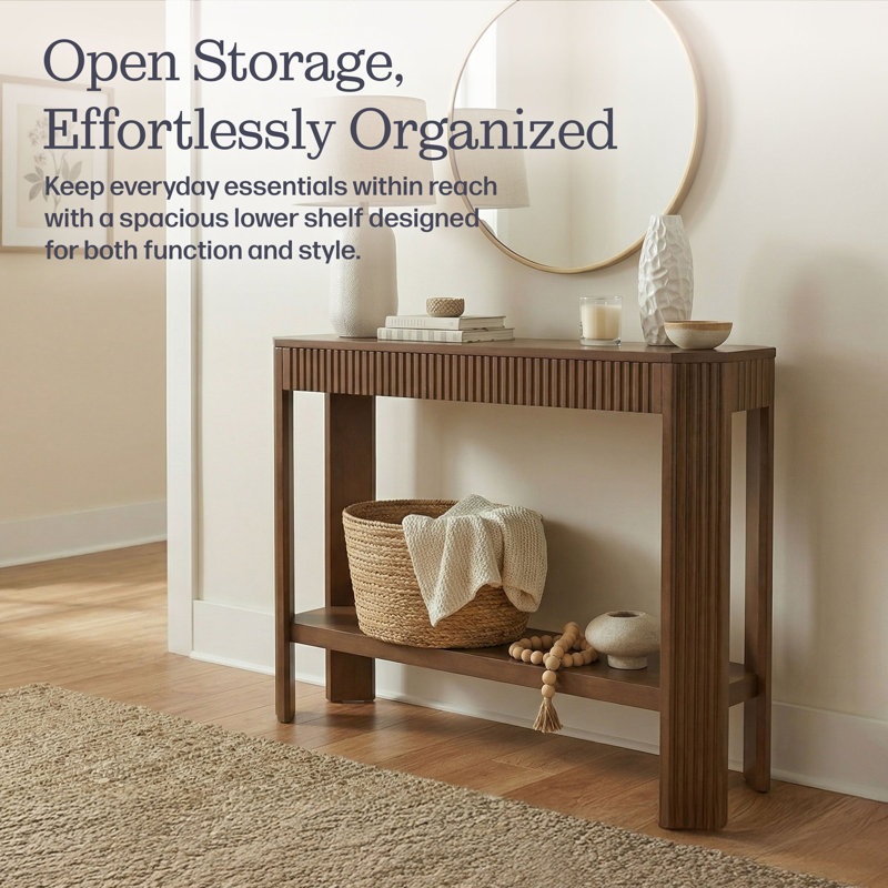 Fluted 36-Inch Solid Wood Console Table with Storage Shelf, Brown, Brown
