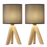 Set Of 2 Grey Wooden Tripod Nightstand Lamps With Wood Base, Fabric Shade