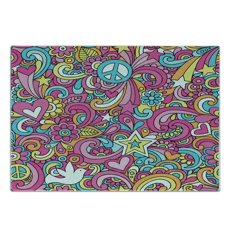 Ambesonne Groovy Tempered Glass Cutting Board Funky 60s Fun Retro Multicolor