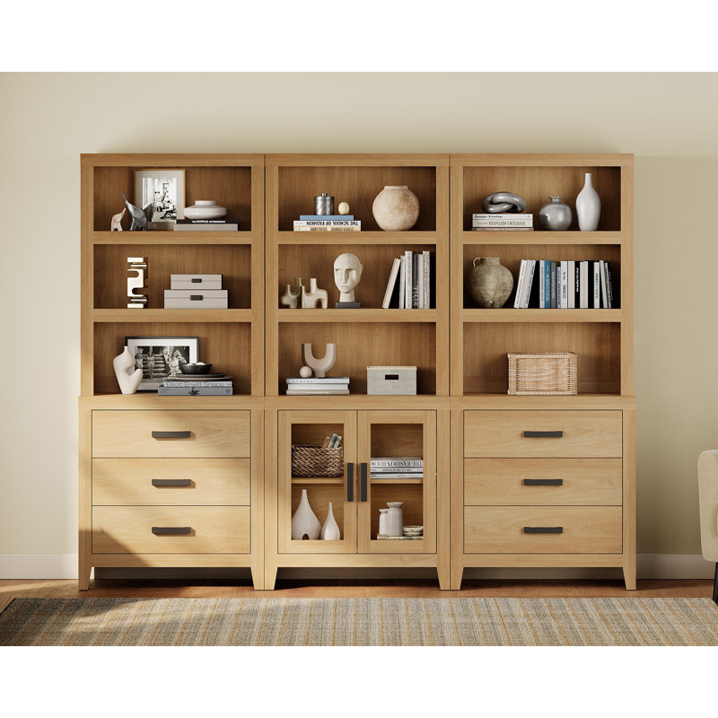 74" Tall Bookshelf Set Of 3, Farmhouse Bookcase With Doors & Drawers, Wooden Bookshelf For Living Room, Home Office, Library, Beige