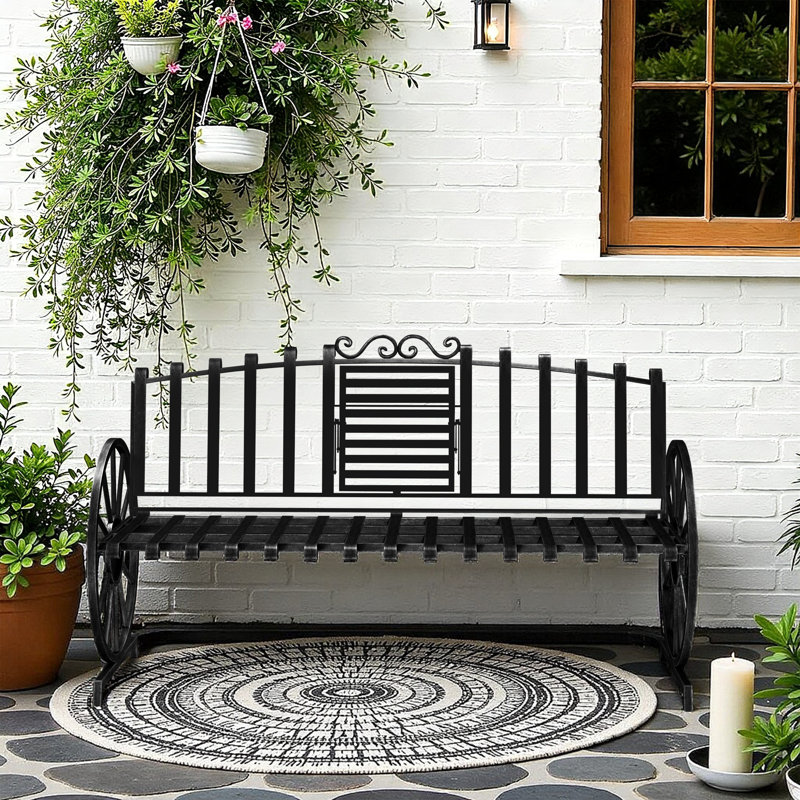 Banc d'extérieur en métal de 56,3 po de largeur, bancs de véranda, banc de jardin avec table rabattable et accoudoirs roulants