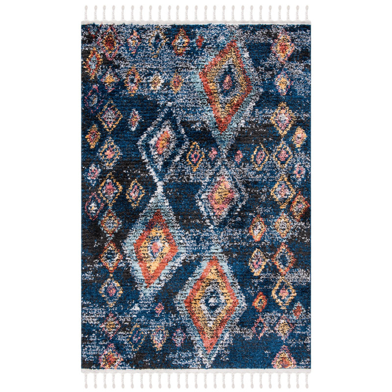 Navy Multicolor Diamond Pattern Synthetic Area Rug