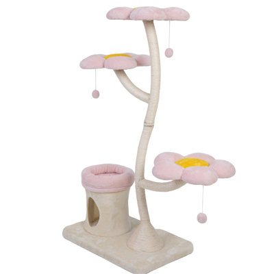 Flower - Inspired Cat Tree For Indoor Felines, With A Cylindrical , Multi Level Platforms, And 2 Dangling Mental Stimulation Pink Beige Tower 3 Large Balls, Wrapped Stem Natural Instincts