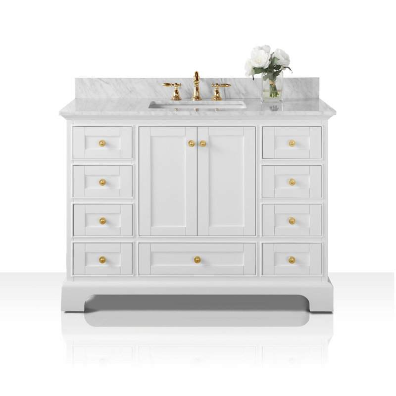 Audrey 48'' W Single Vanity, Carrara White Marble, White/Brushed Gold