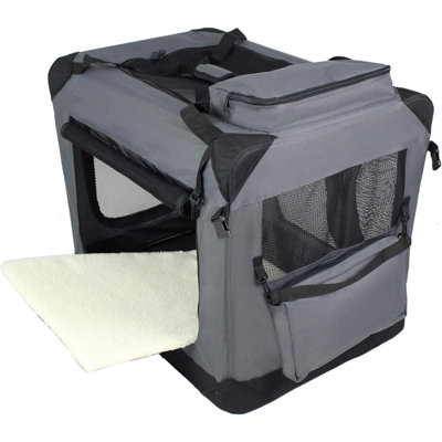 3-Door Folding Soft Dog Crate With Carrying Bag And Fleece Bed (2 Year Warranty), Indoor & Outdoor Pet Home (20" L X 14" W X 14" H, Gray)
