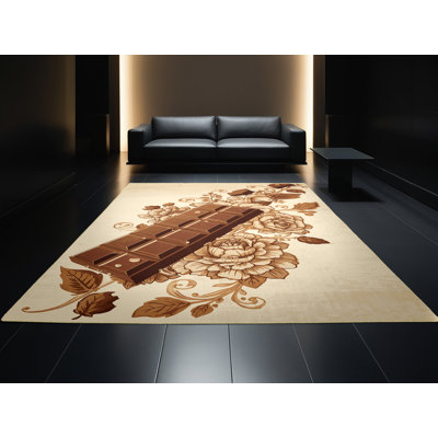 Tapis floral beige lavable à la machine Higgins