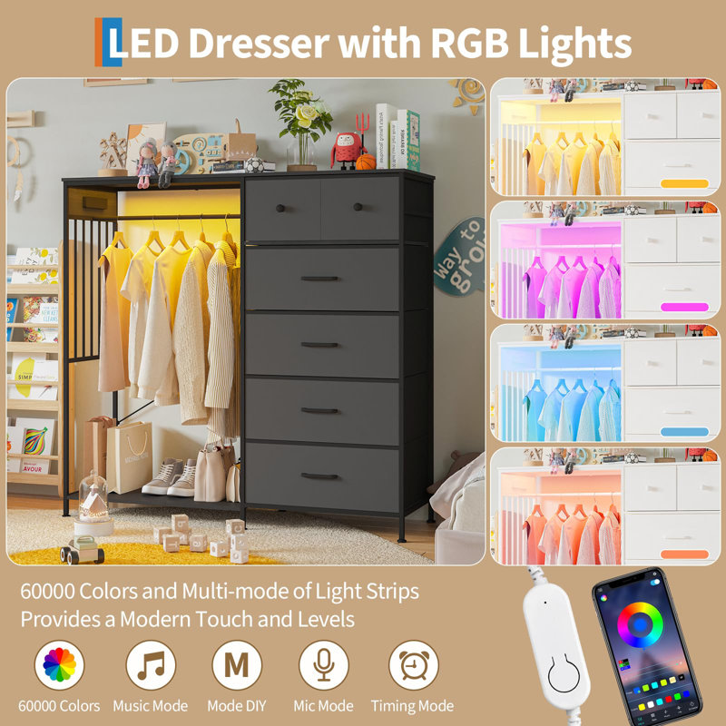 Aptliton Dresser with Hanging Rack for Bedroom, 6 Drawer Dresser with LED Lights & Charging Station, Fabric Dressers & Chest of Drawers, Storage Organizer for Living Room, Bedroom, Kids Room