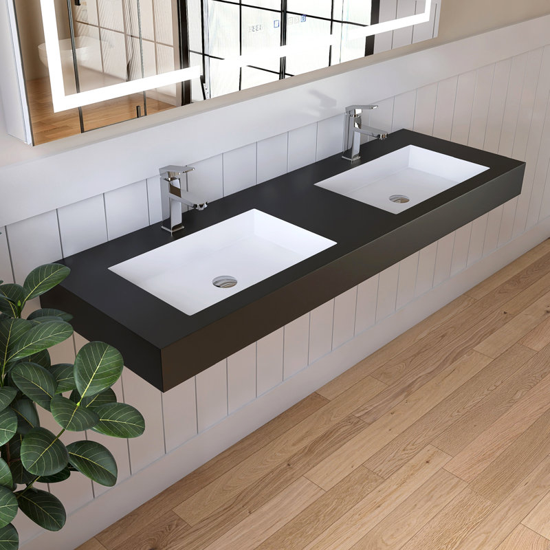 MEDUNJESS 59" Wall Mounted Double Bathroom Sink, Black Solid Surface,Rectangular Wall Mount Double Wash Basin, Black