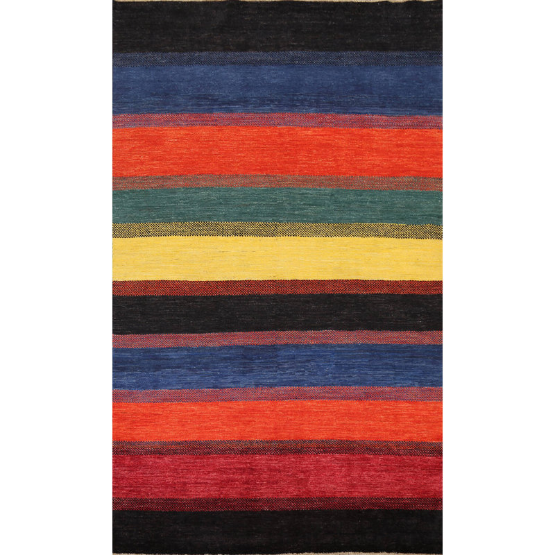 Tapis noir / rouge / jaune en laine noué à la main de conception unique 6 pi 1 po x 9 pi 7 po