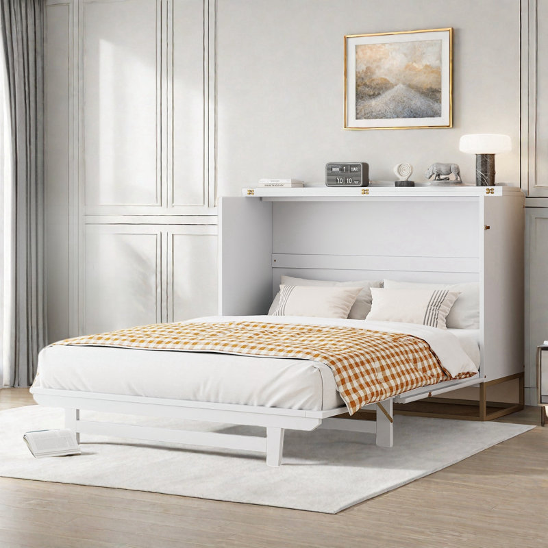 Murphy Bed with frosted glass doors design, fake drawers, White