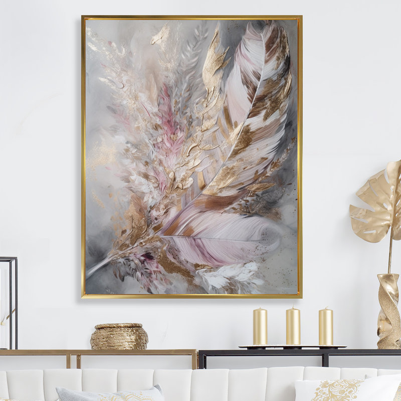 «Langworthy Pink Feather Boho Majesty I», reproduction sur toile, H 40 po x l 30 po x P 1,5 po, Cadre flottant doré