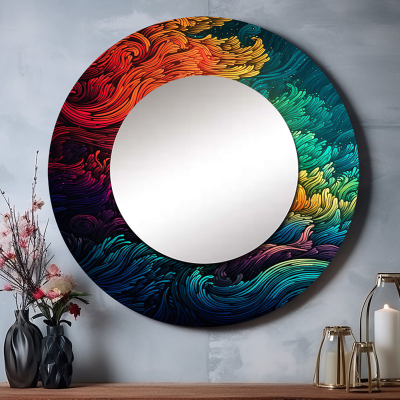 Persaya arc-en-ciel coloré Waves II - miroir mural décoratif, grand miroir moderne, art imprimé en métal, 23 po x 23 po, Rond