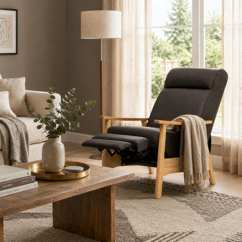Fauteuil inclinable en cuir pleine fleur de 72 cm de large avec structure en bois, Brun