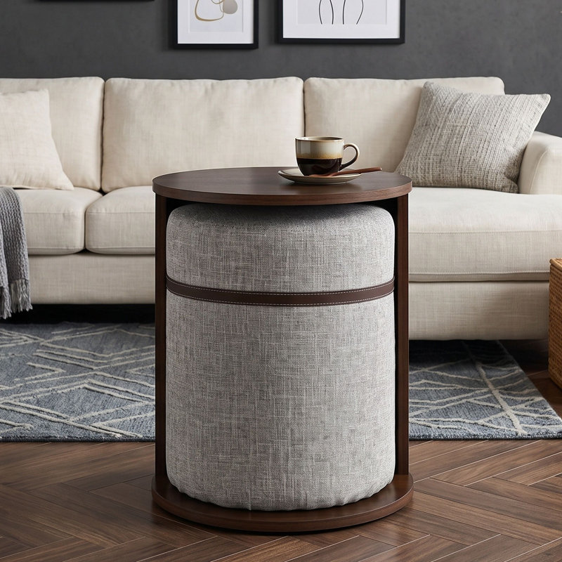 Table de bout ronde avec tabouret coulissant et fente de rangement ouverte, conception gigogne peu encombrante