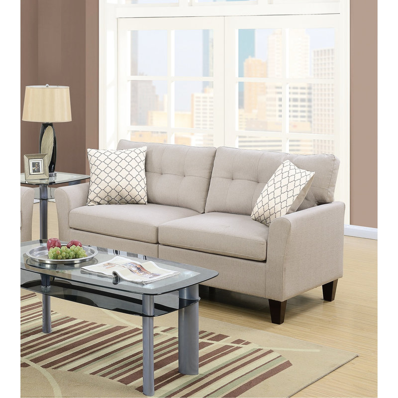 Beige moderne pour la maison - 2 pièces, structure en pin massif, base en contreplaqué, tissu en polyfibre, accoudoirs évasés, 4 sièges contemporains brillants avec coussins, pieds en bois