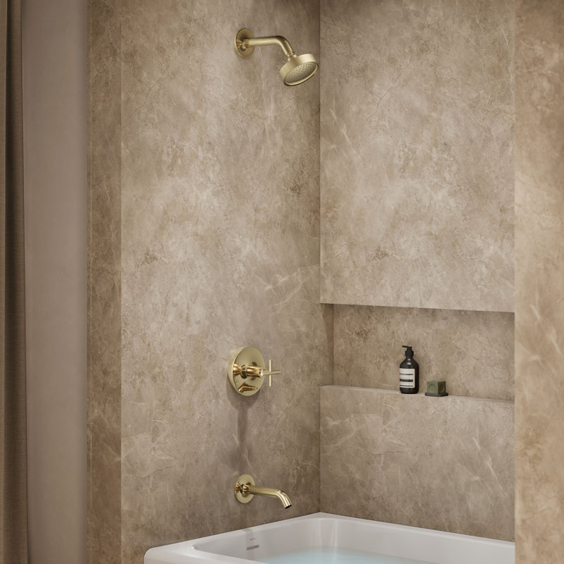 Purist Pressure-Balancing Thermostatic Tub and Shower Faucet, Vibrant French Gold, Cross Handle, 2.5 GPM
