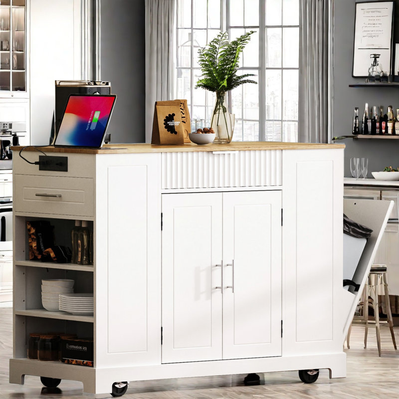 Bickley With Tilt-out Trash Can, Power Outlet, Internal Storage Rack, 3 Drawers And 3 Open Side Racks, White