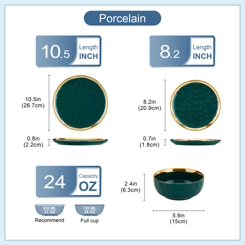 12 Piece Ceramic Dinnerware Set - Service for 4 , Black/Green/Gold