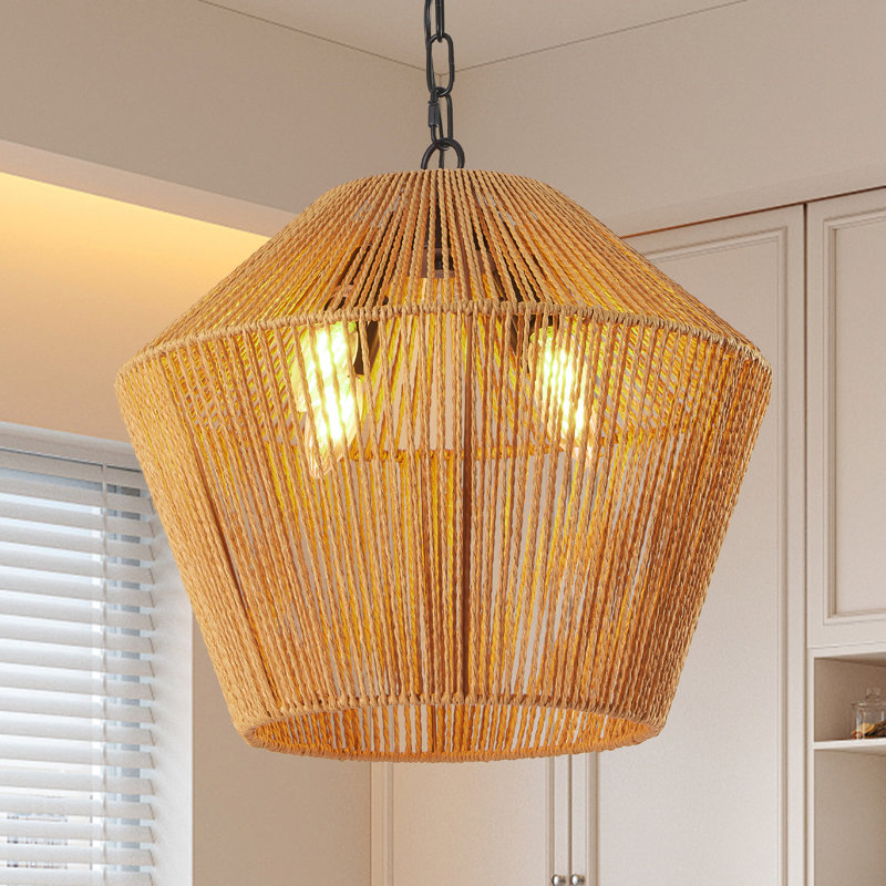 Luminaire suspendu en corde de chanvre de 17 po - suspendu artisanal pour îlot de cuisine, salle à manger, finition naturelle de chambre à coucher, fer à hauteur réglable et lampe décorative tissée à la main