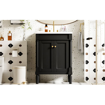 Meuble-lavabo 24 po avec lavabo supérieur, meuble de rangement moderne à 2 niveaux, meuble-lavabo simple, grandes tablettes de rangement